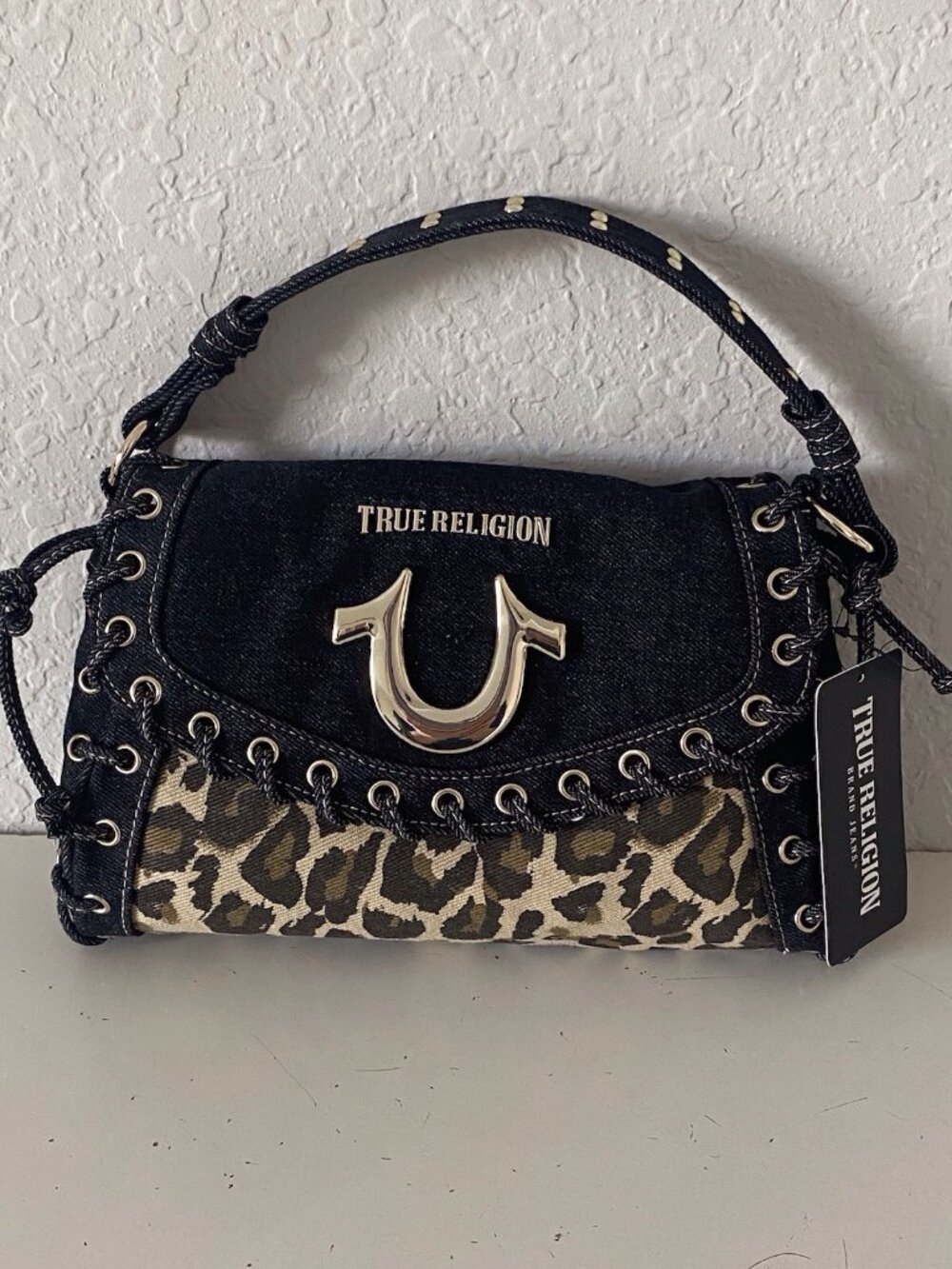 True Religion Dark Denim Cheetah Leopard Animal‎ Print Shoulder Bag Purse NEW
